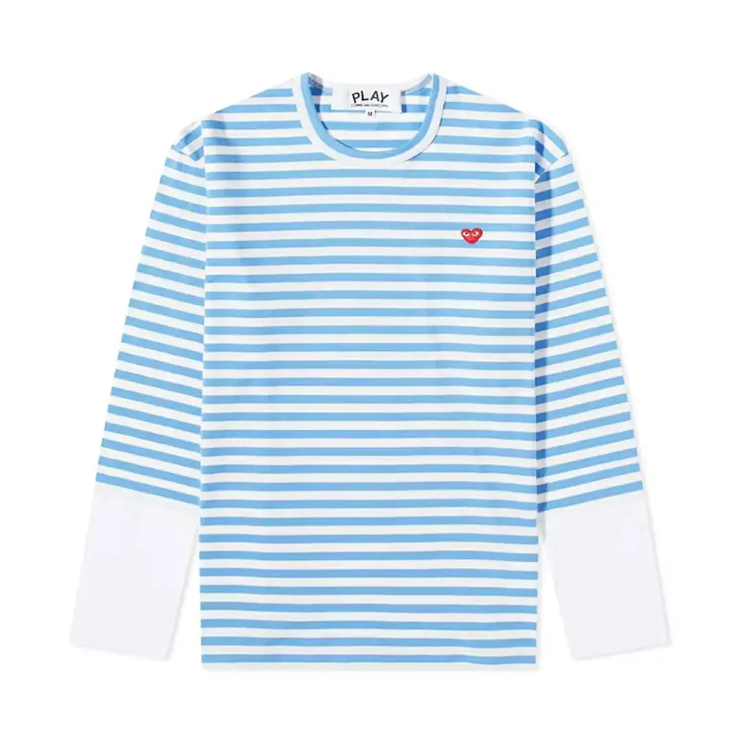 Comme des Garcons PLAY Play Embroidered Logo Striped Long-Sleeve Tee Blue White Front Comme des Garcons PLAY Play Embroidered Logo Striped Long-Sleeve Tee Blue White Front